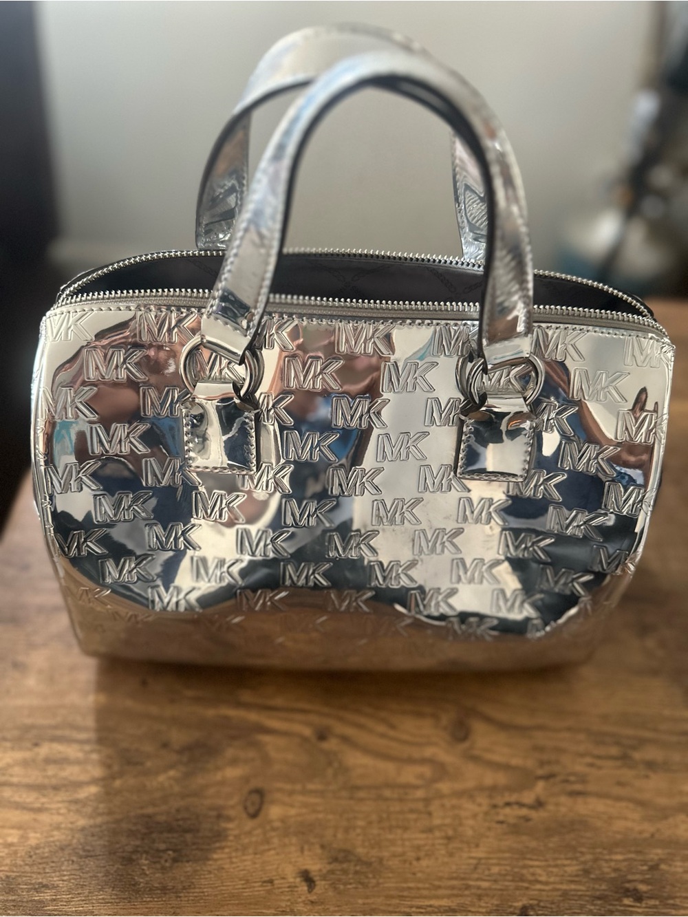 Michael Kors Metallic Silver MK-Logo Satchel